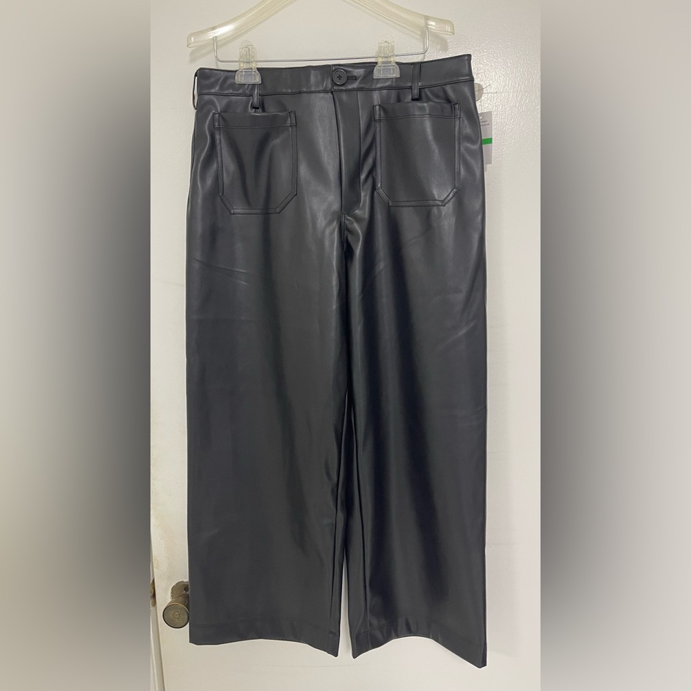 Cece Womens Faux Leather Cropped Black Wide Leg Pants | Size Large